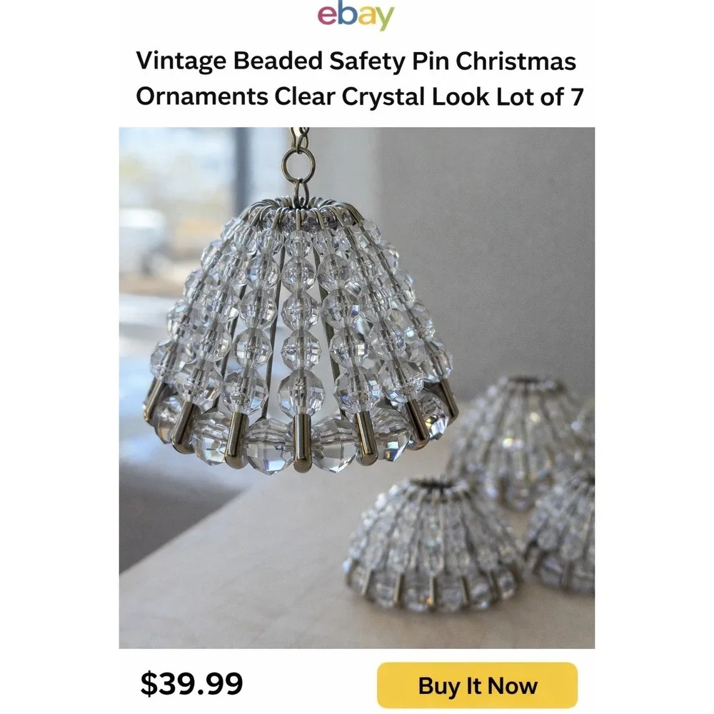 Vintage Beaded Safety Pin Christmas Ornaments Clear Crystal Look Lot of 7